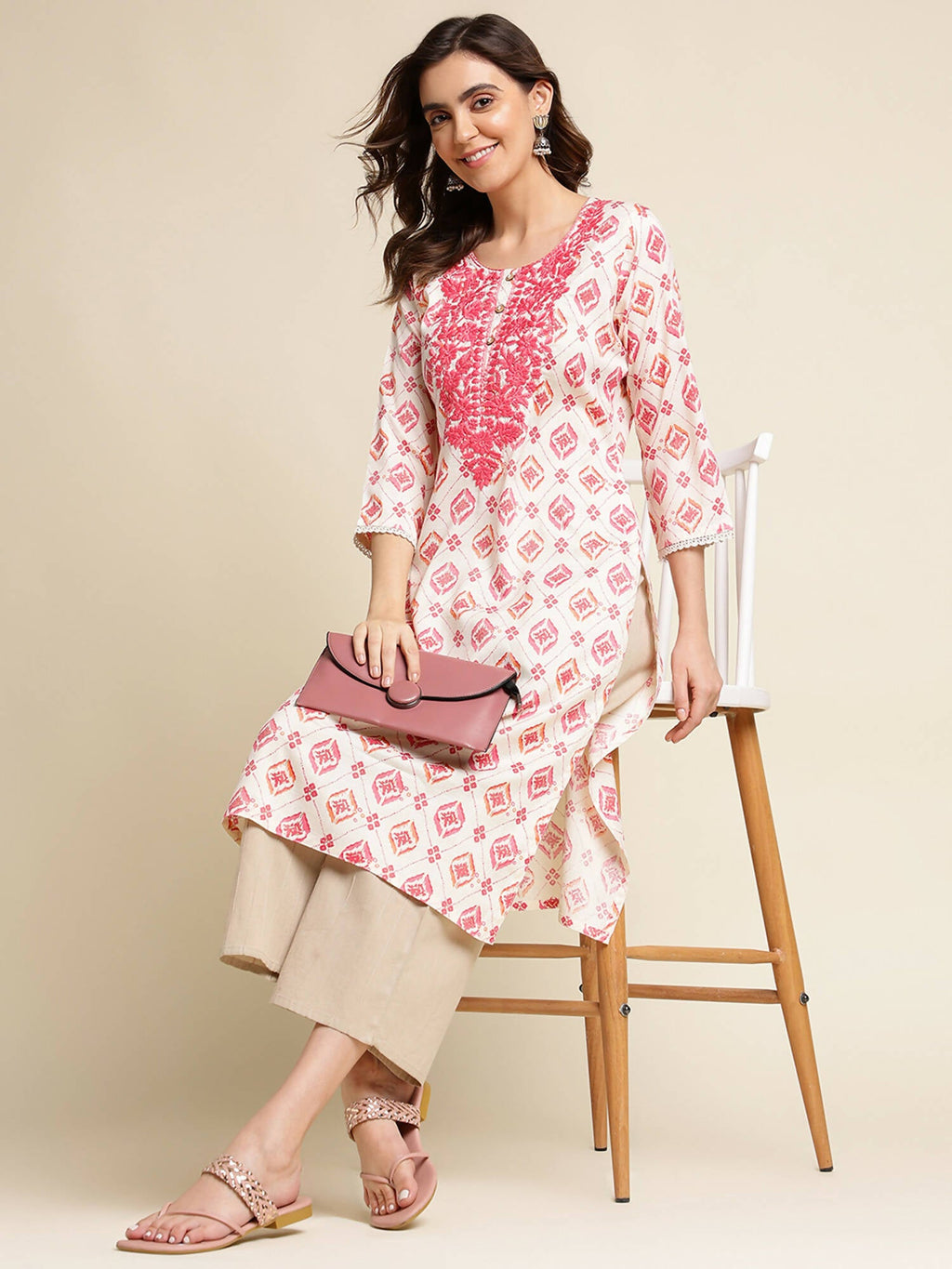 Pink Poly Rayon Aztec Printed Straight Fit Kurta - Prasuti | Grab2Buy