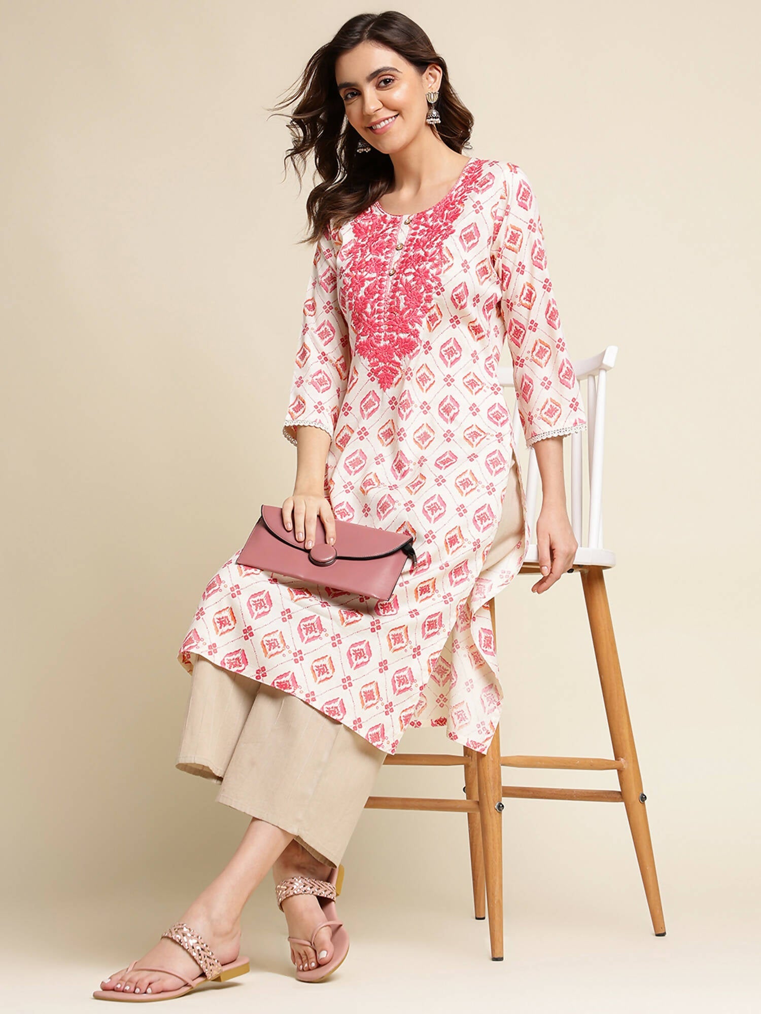 Pink Poly Rayon Aztec Printed Straight Fit Kurta - Prasuti | Grab2Buy