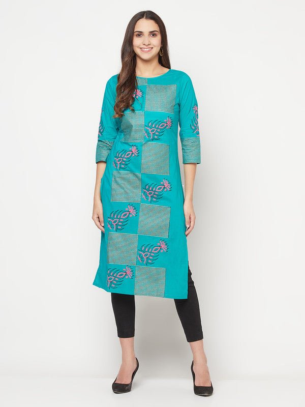 Aniyah Cotton Block Print Turquoise Straight Kurta | Grab2Buy