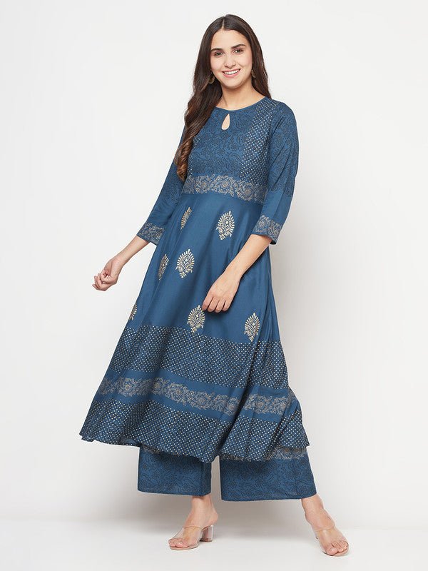 Aniyah Rayon Block Print Blue Anarkali Kurta | Grab2Buy