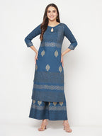 Aniyah Rayon Block Print Straight Blue Kurta | Grab2Buy