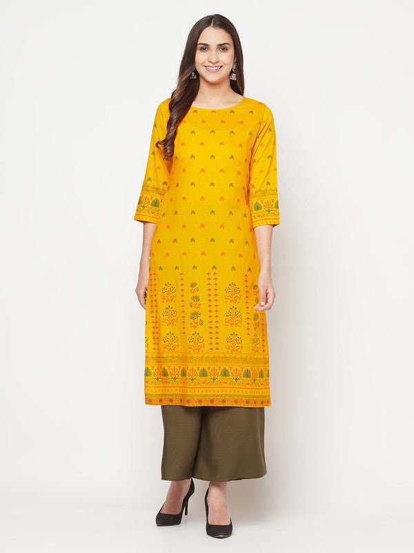 Aniyah Rayon Screen Print Mustard Straight Kurta | Grab2Buy