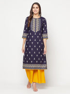 Aniyah Rayon Screen Print Navy Blue Straight Kurta | Grab2Buy