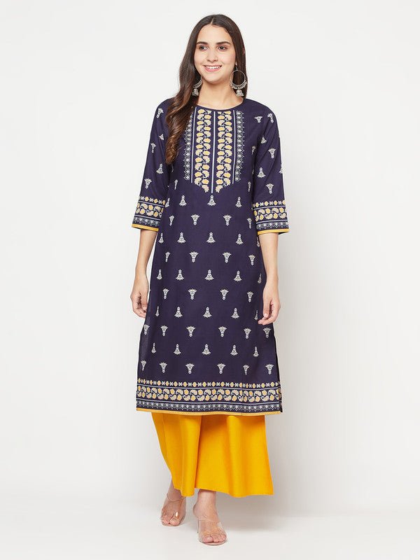 Aniyah Rayon Screen Print Navy Blue Straight Kurta | Grab2Buy