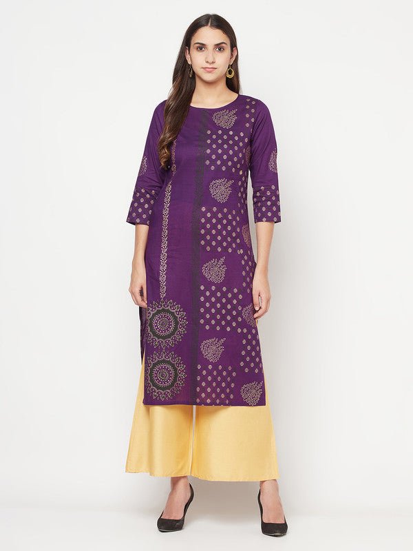 Aniyah Cotton Foil Print Purple Straight Kurta | Grab2Buy