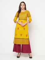 Aniyah Mustard Cotton Block Print Straight Kurta | Grab2Buy