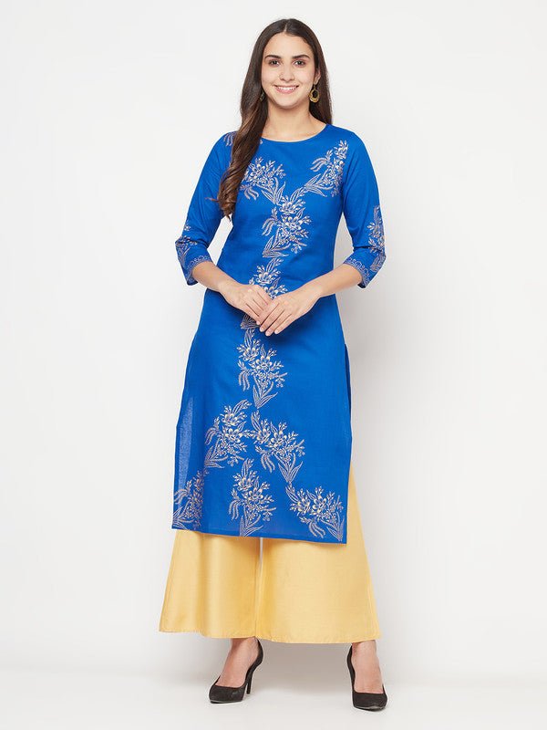 Aniyah Cotton Foil Print Royal Blue Straight Kurta | Grab2Buy