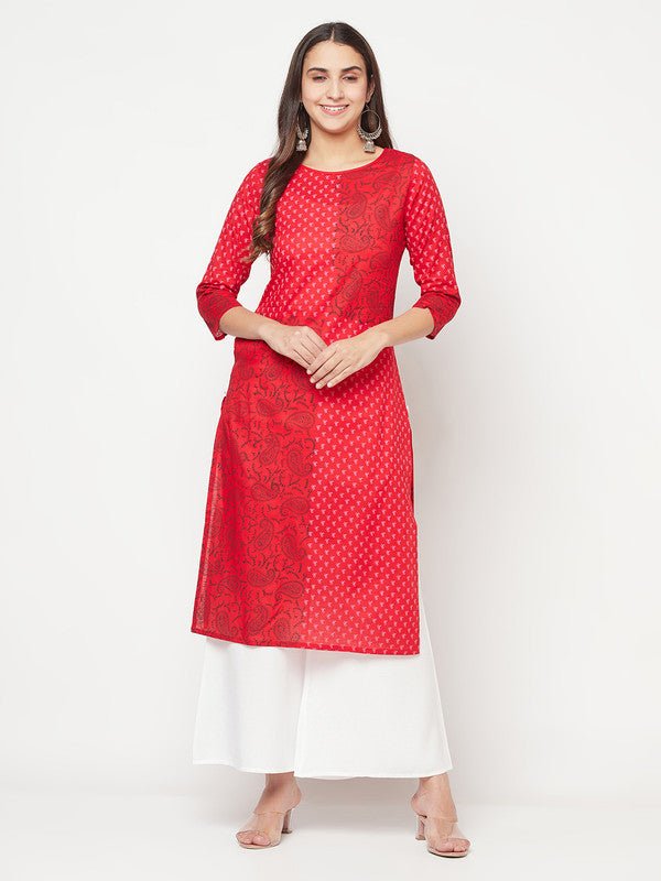 Aniyah Cotton Block Print Red Color Straight Kurta | Grab2Buy