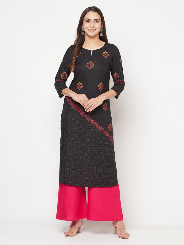 Aniyah Rayon Block Print Straight Kurta - Black | Grab2Buy