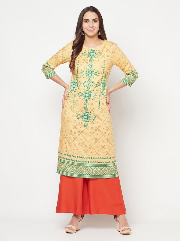 Aniyah Rayon Digital Screen Print Golden Beige Straight Kurta | Grab2Buy
