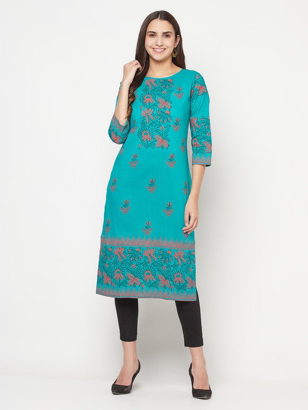 Aniyah Turquoise Cotton Block Print Straight Kurta | Grab2Buy