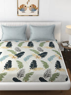 Florida Reeva Off White & Green Floral 180 TC Fitted King Bedsheet With 2 Pillow Covers