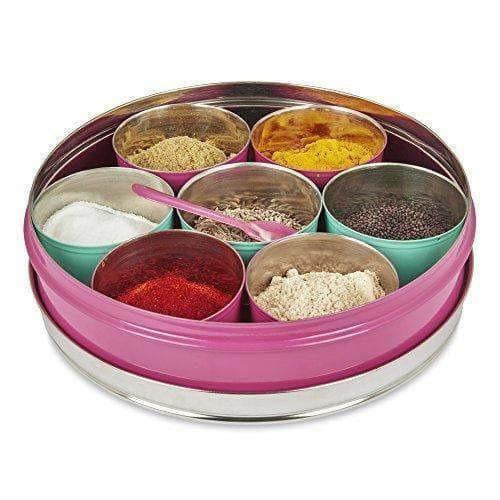 Stainless Steel Made Masala Box Spice Box Masala Dabba Container With Glass Lid 7 Compartments With 1 Spoon | Grab2Buy