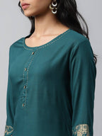 Yufta Women Green And Golden Pure Cotton Solid Kurta with Palazzo and Dupatta | Grab2Buy
