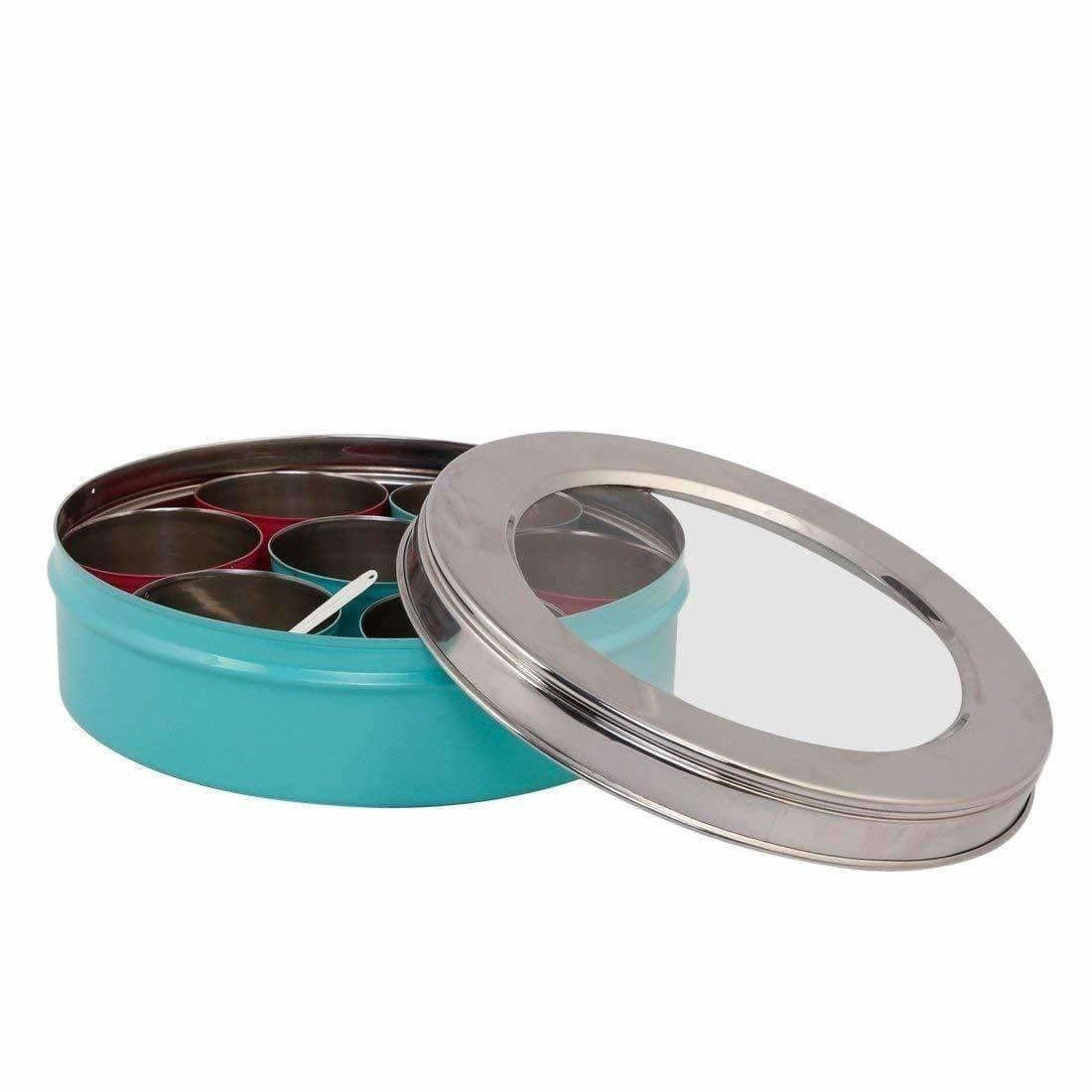 Stainless Steel Made Masala Box Spice Box Masala Dabba Container With Glass Lid 7 Compartments With 1 Spoon | Grab2Buy
