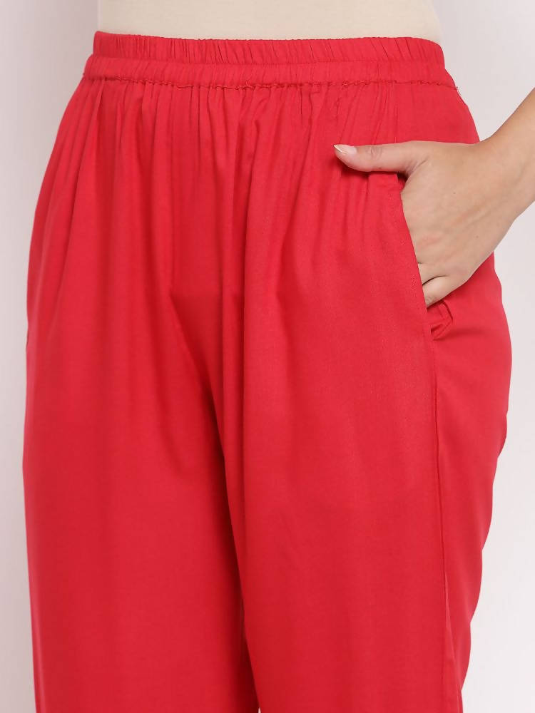 Myshka Women's Red Cotton Solid 3/4 Sleeve Square Neck Casual Kurta Pant Dupatta Set | Grab2Buy