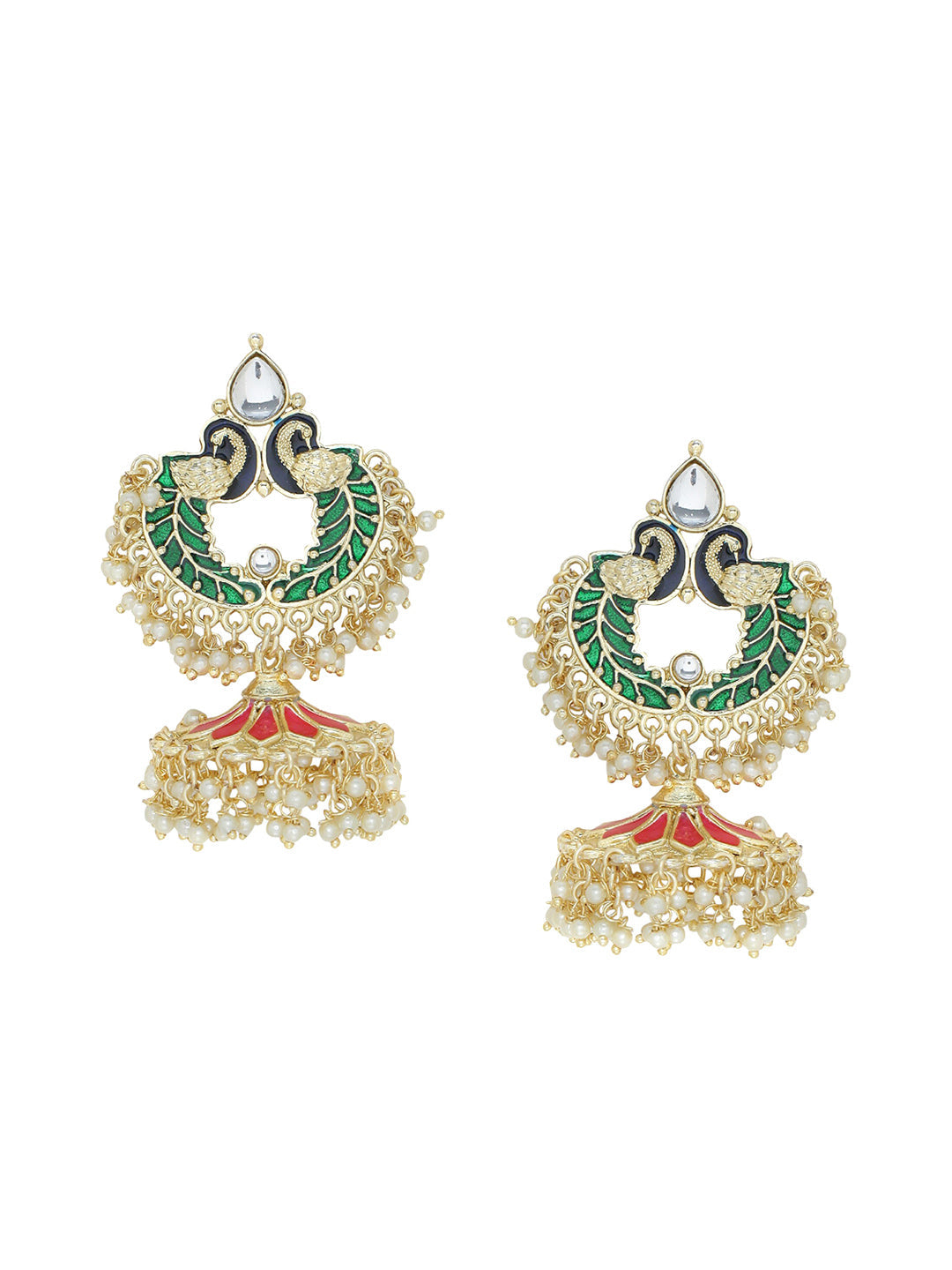 Shoshaa Gold-Polished Green Enamelled Peacock Shaped Jhumkas | Grab2Buy