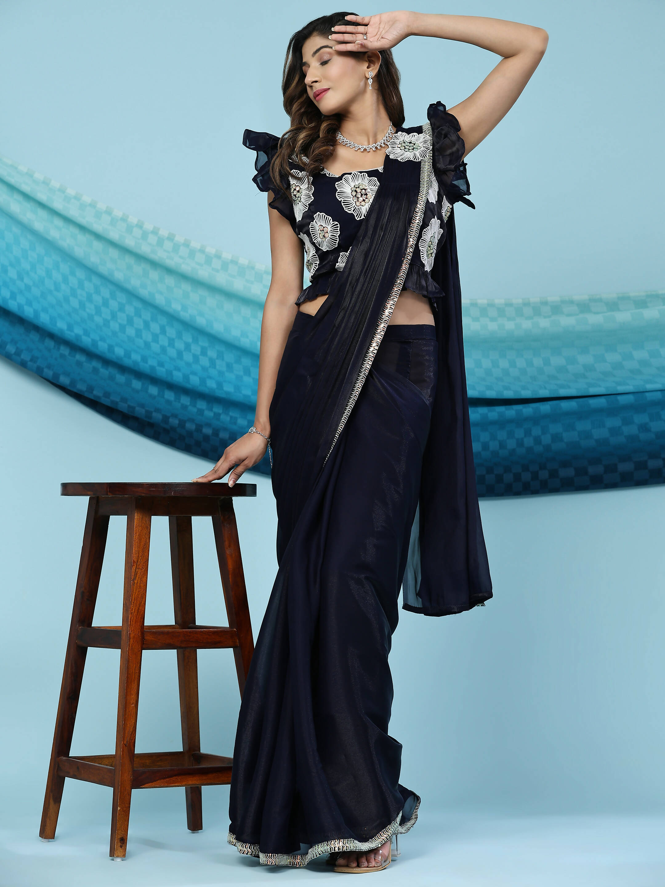 Black Silk Satin Sequence Work Ready to Wear Saree with stitched Blouse - Nirvana | Grab2Buy