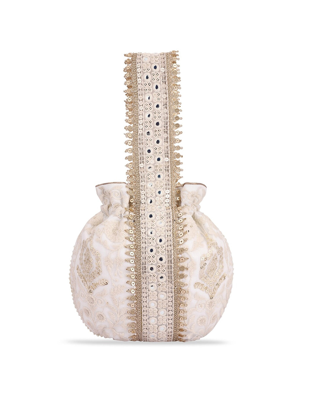 Masq Off White & Gold-Toned Embellished Embroidered Potli Clutch | Grab2Buy