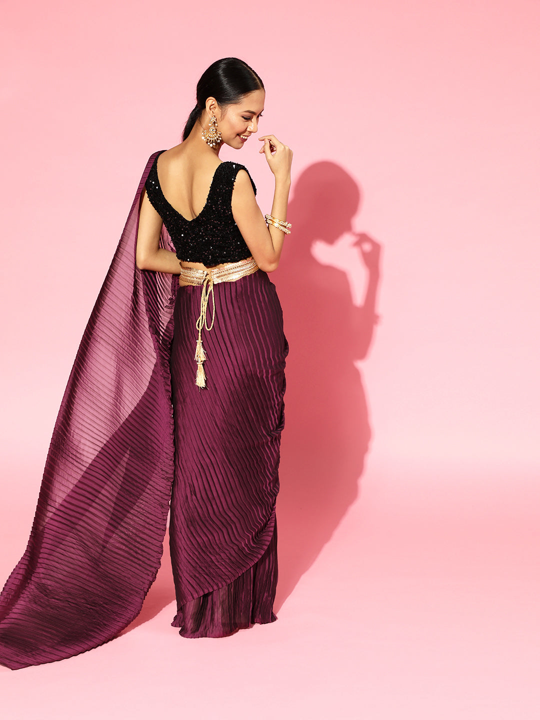 Saree Mall Burgundy Poly Georgette Party Wear Saree with Matching Blouse | Grab2Buy