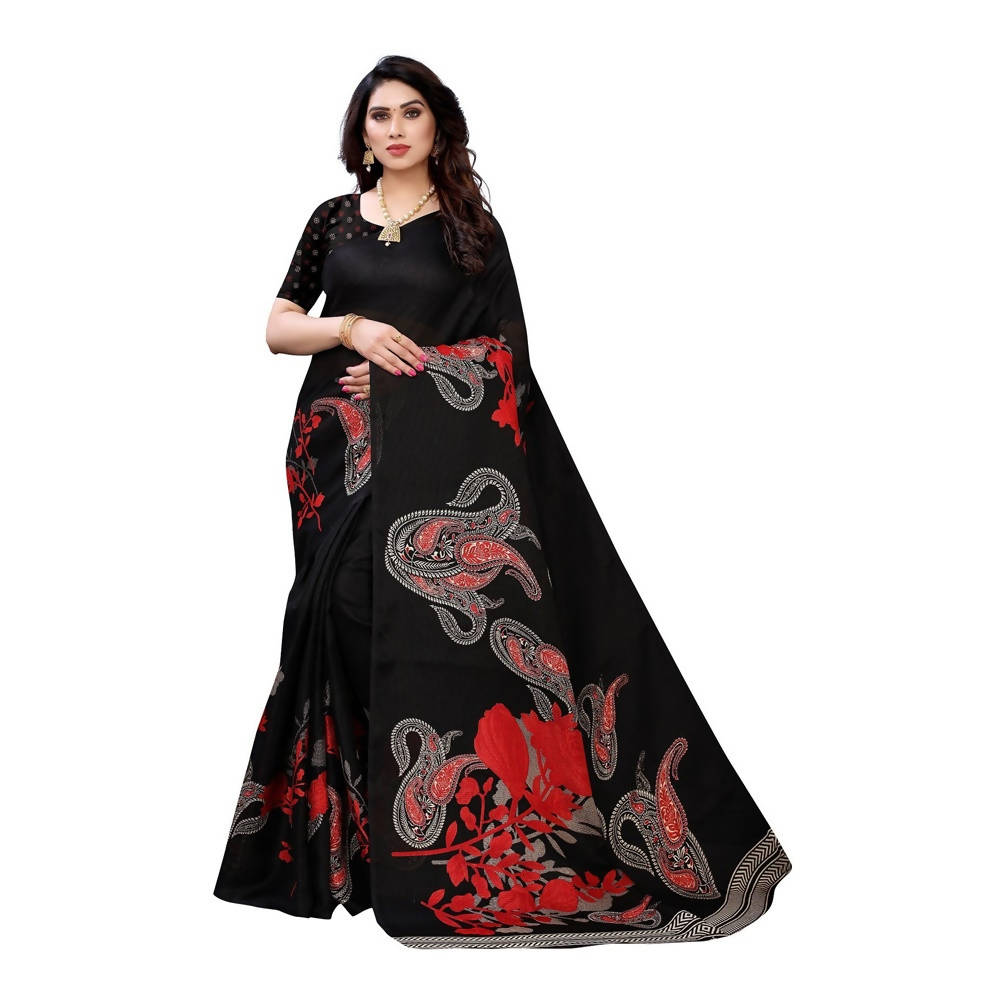 Vamika Printed Jute Silk Black Saree (Leo Black) | Grab2Buy