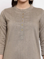 Myshka Women's Grey Cotton Solid 3/4 Sleeve Round Neck Casual Kurta Pant Dupatta Set | Grab2Buy