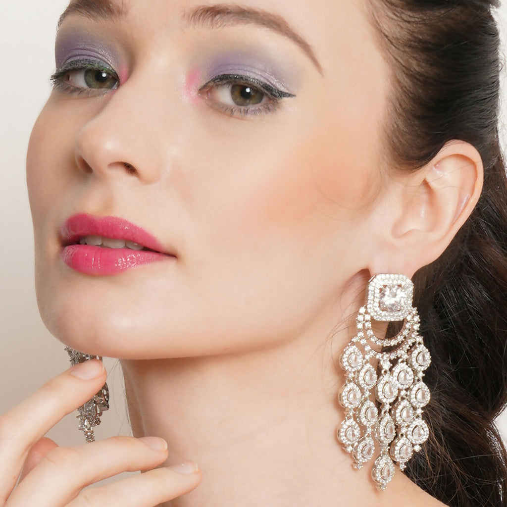Long Diamond Studded Dangler Earrings- Ruby Raang | Grab2Buy