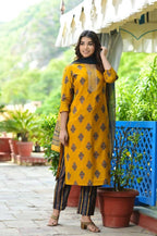 Yufta Women Mustard Yellow & Navy Blue Printed Kurta with Trouser and Dupatta | Grab2Buy
