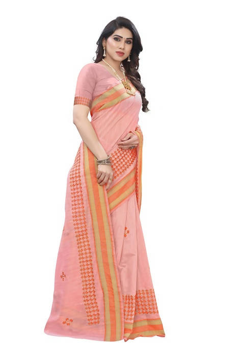 Vamika Embroidery Peach Chanderi Saree (MINI CHECKS PEACH) | Grab2Buy