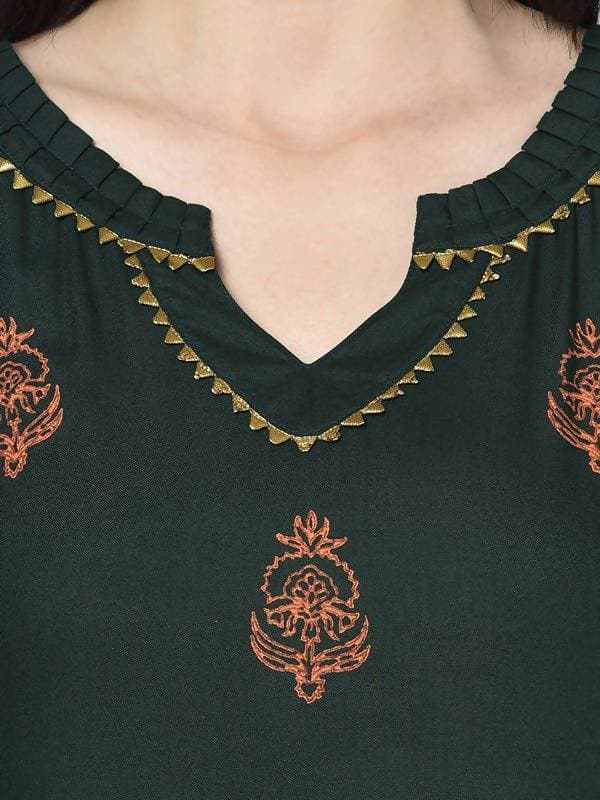 Aniyah Rayon Bottle Green Block Print Straight Kurta (AN-218K) | Grab2Buy