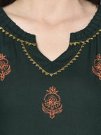 Aniyah Rayon Bottle Green Block Print Straight Kurta (AN-218K) | Grab2Buy