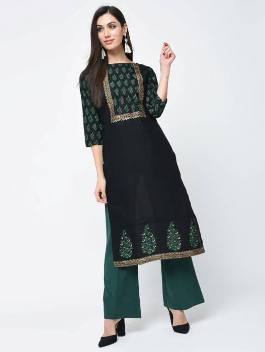 Aniyah Cotton Block Printed Black Straight Kurta (AN-131K) | Grab2Buy