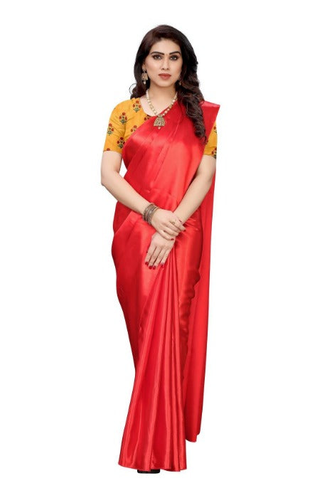Vamika Plain Red Satin Saree (SATIN GLORY RED) | Grab2Buy