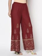 Aniyah Rayon Maroon Color Block Print Flared Slip-On Palazzo (AN-213K) | Grab2Buy
