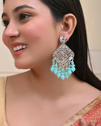 VOJ Gold-Polished Kundan And Teal Stone Studded Drop Earrings | Grab2Buy