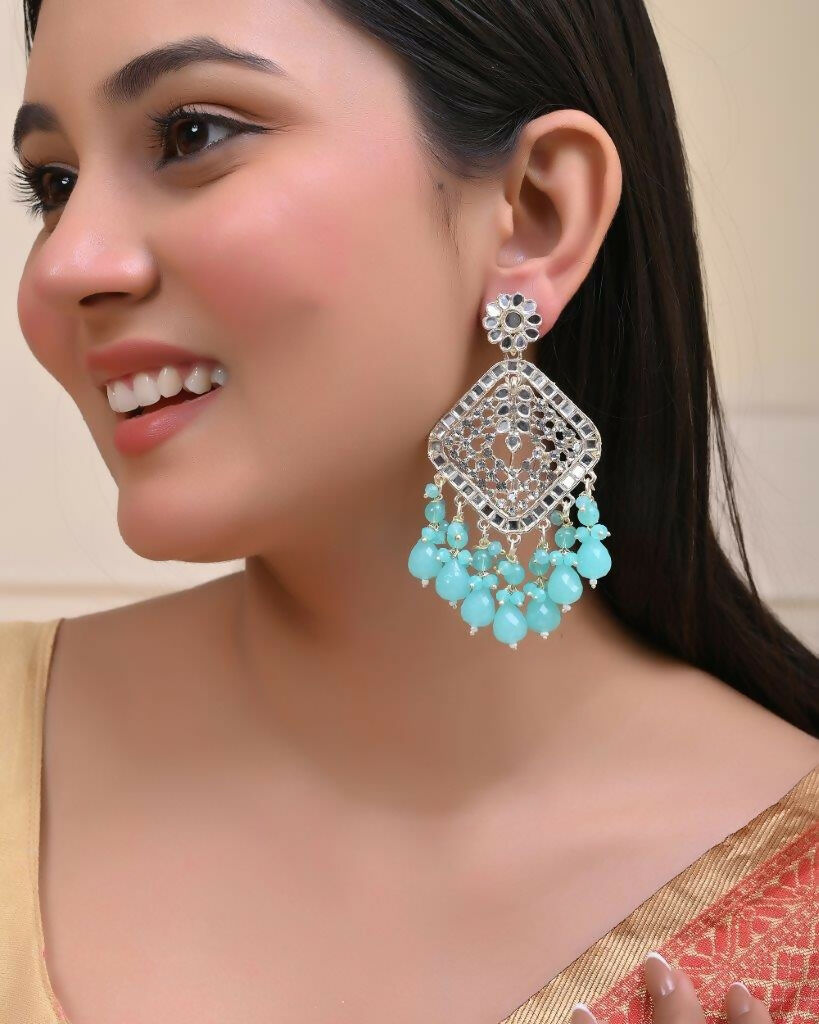 VOJ Gold-Polished Kundan And Teal Stone Studded Drop Earrings | Grab2Buy