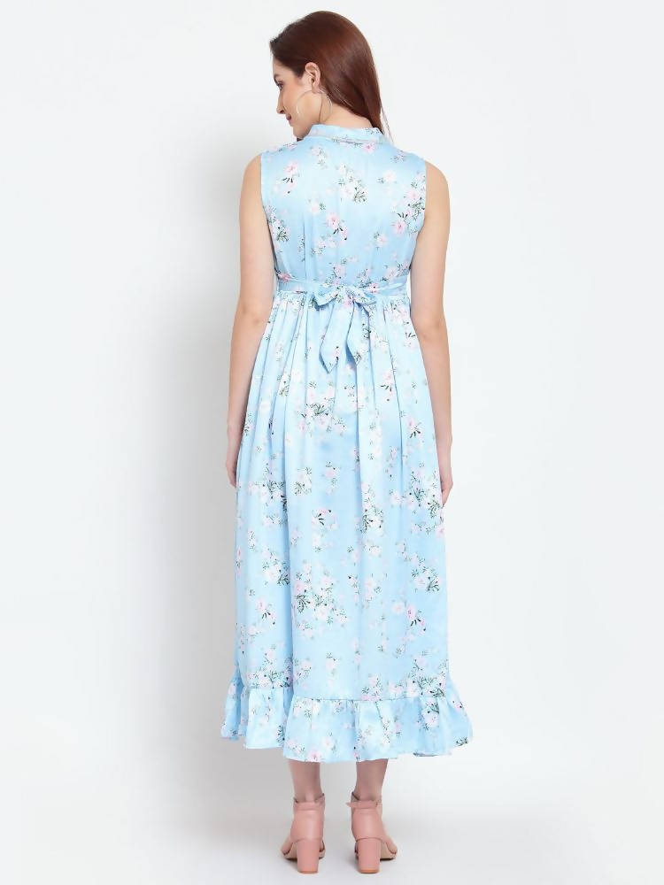 Myshka Women's Sky Blue Printed Cotton Blend Sleeveless Coller Casual Dress | Grab2Buy
