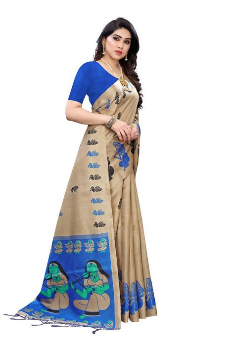 Vamika Brown Kalamkari Print With Jhalar Khadi Silk Saree (SHABRI ROYAL BLUE) | Grab2Buy