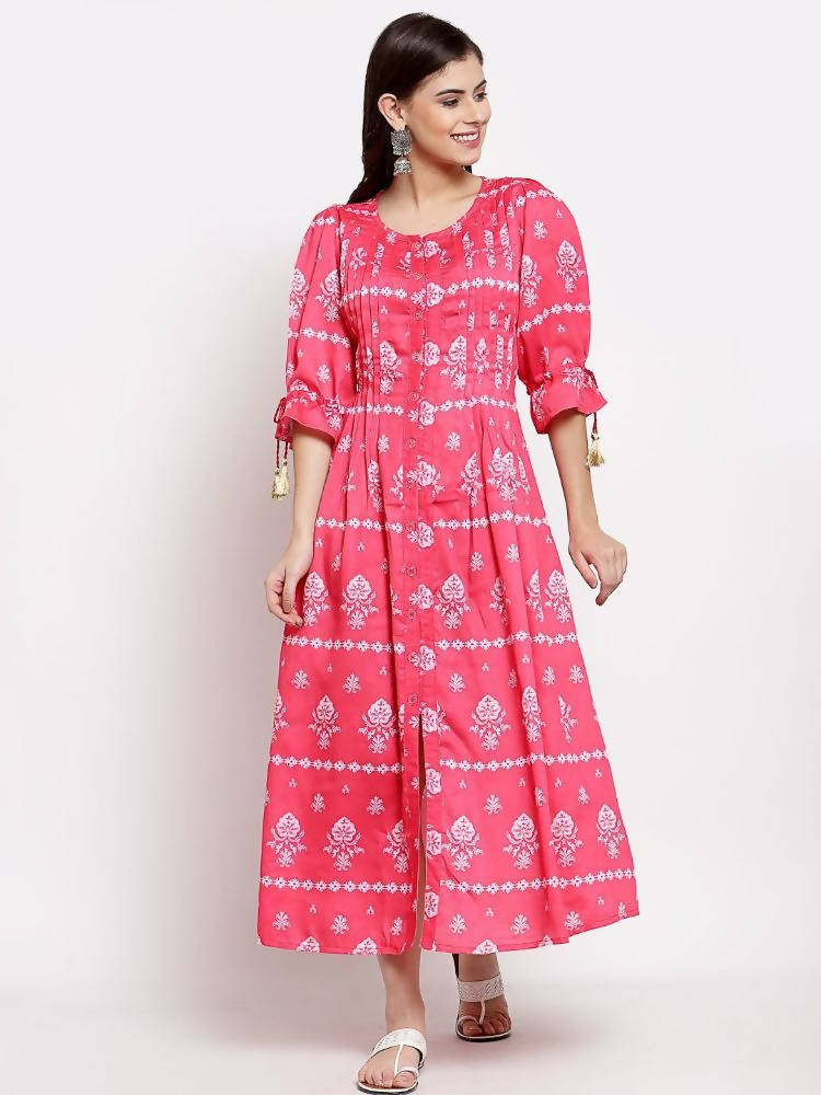 Myshka Women's Pink Cotton Printed 3/4 Sleeve Round Neck Casual Dress | Grab2Buy