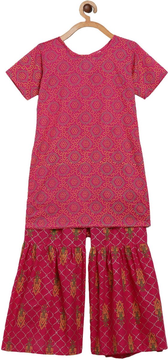 Ahalyaa Magenta Cotton Printed Kids Kurta Sharara Set With Dupatta For Girls | Grab2Buy