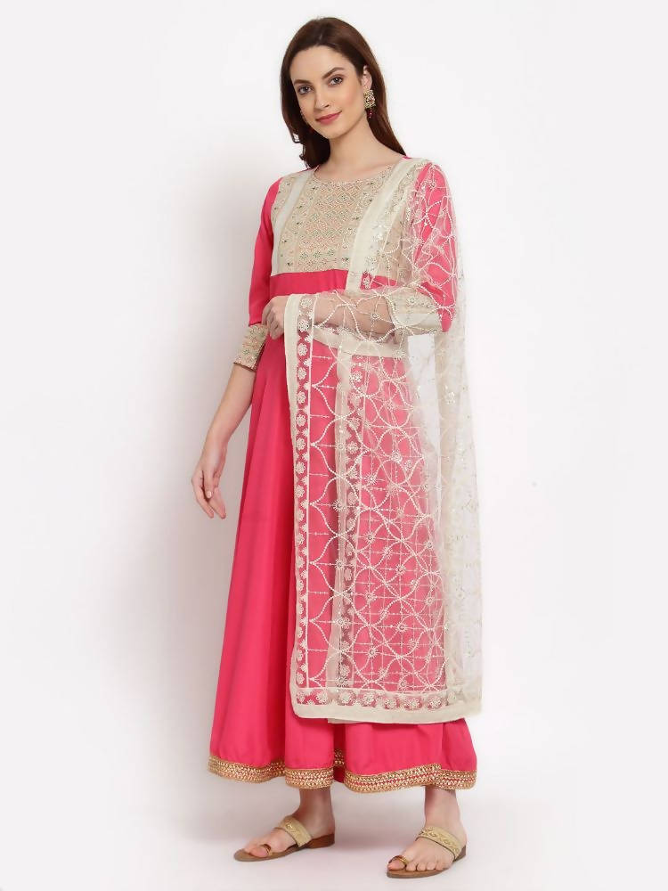 Myshka Women's Pink Solid Rayon 3/4 Sleeve Round Neck Casual Anarkali Kurta Dupatta Set | Grab2Buy
