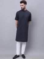 Even Apparels Black Pure Cotton Short Sleeves Kurta With Band Collar | Grab2Buy