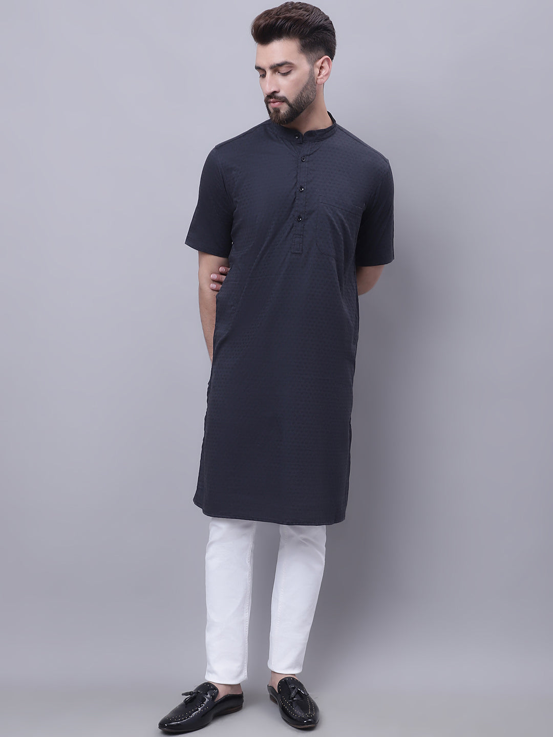 Even Apparels Black Pure Cotton Short Sleeves Kurta With Band Collar | Grab2Buy