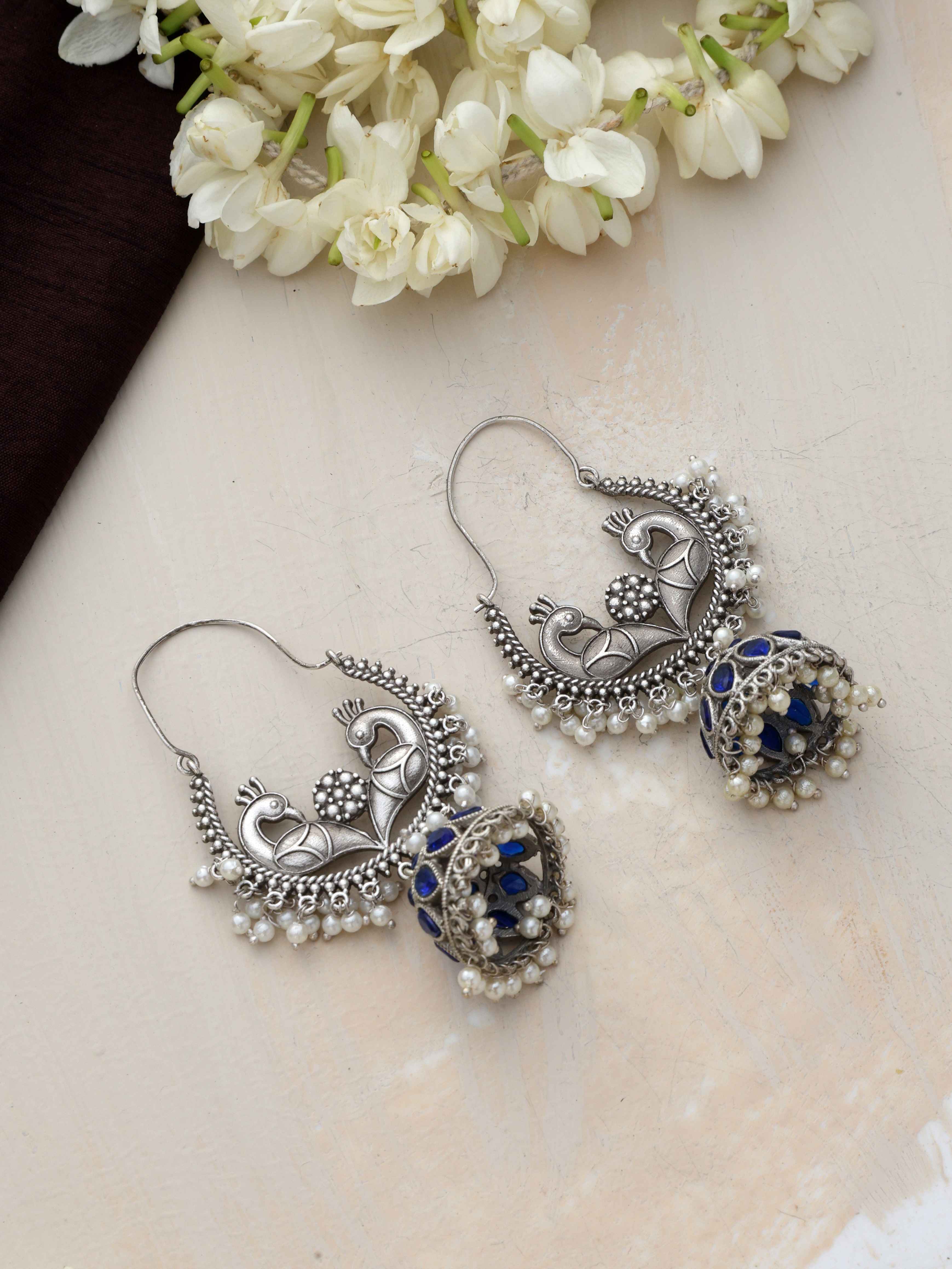 trueBrowns Silver Tone Peacock Jhumka Earrings | Grab2Buy