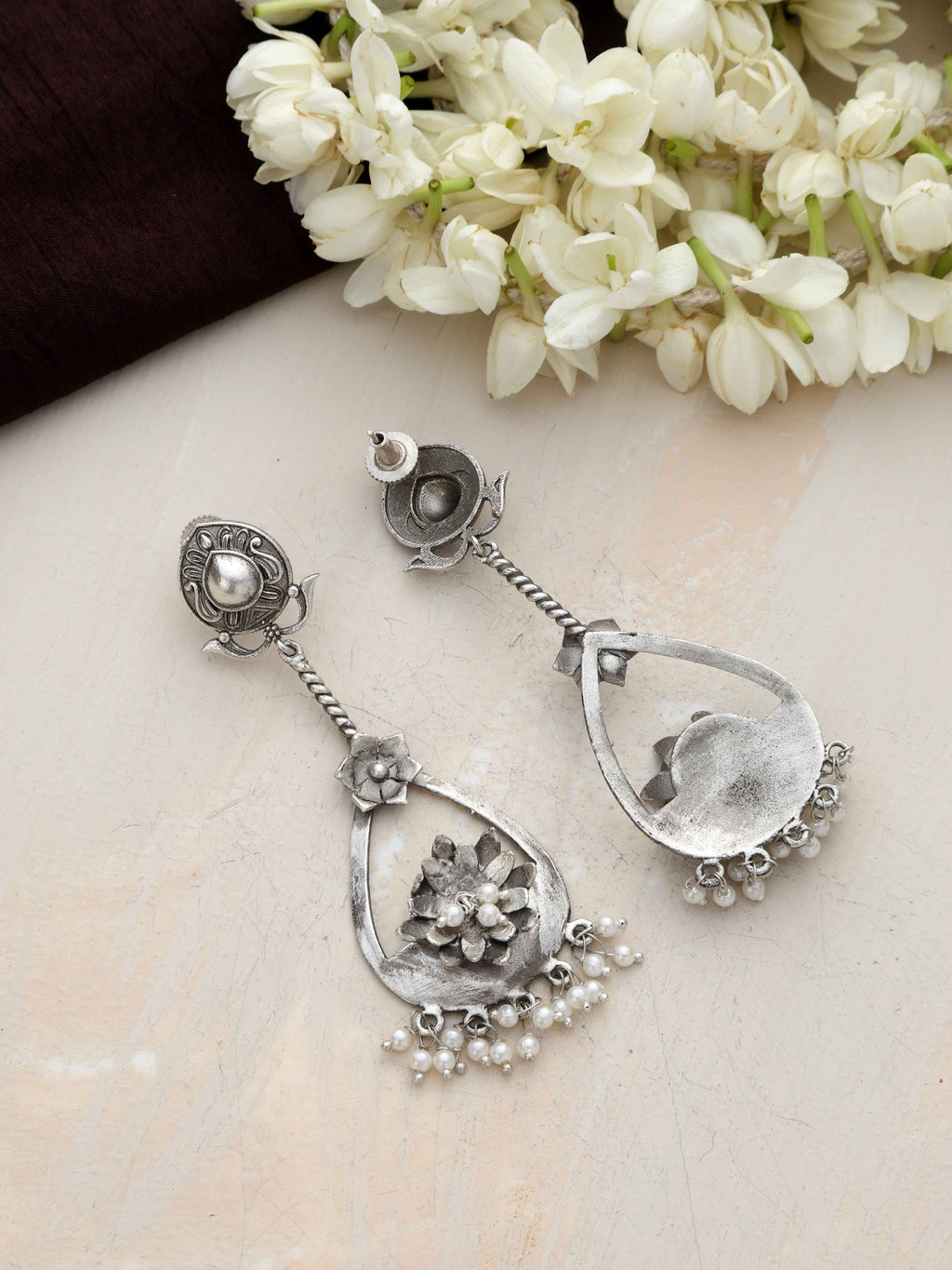 trueBrowns Silver Tone Floral Chandbaali Earrings | Grab2Buy