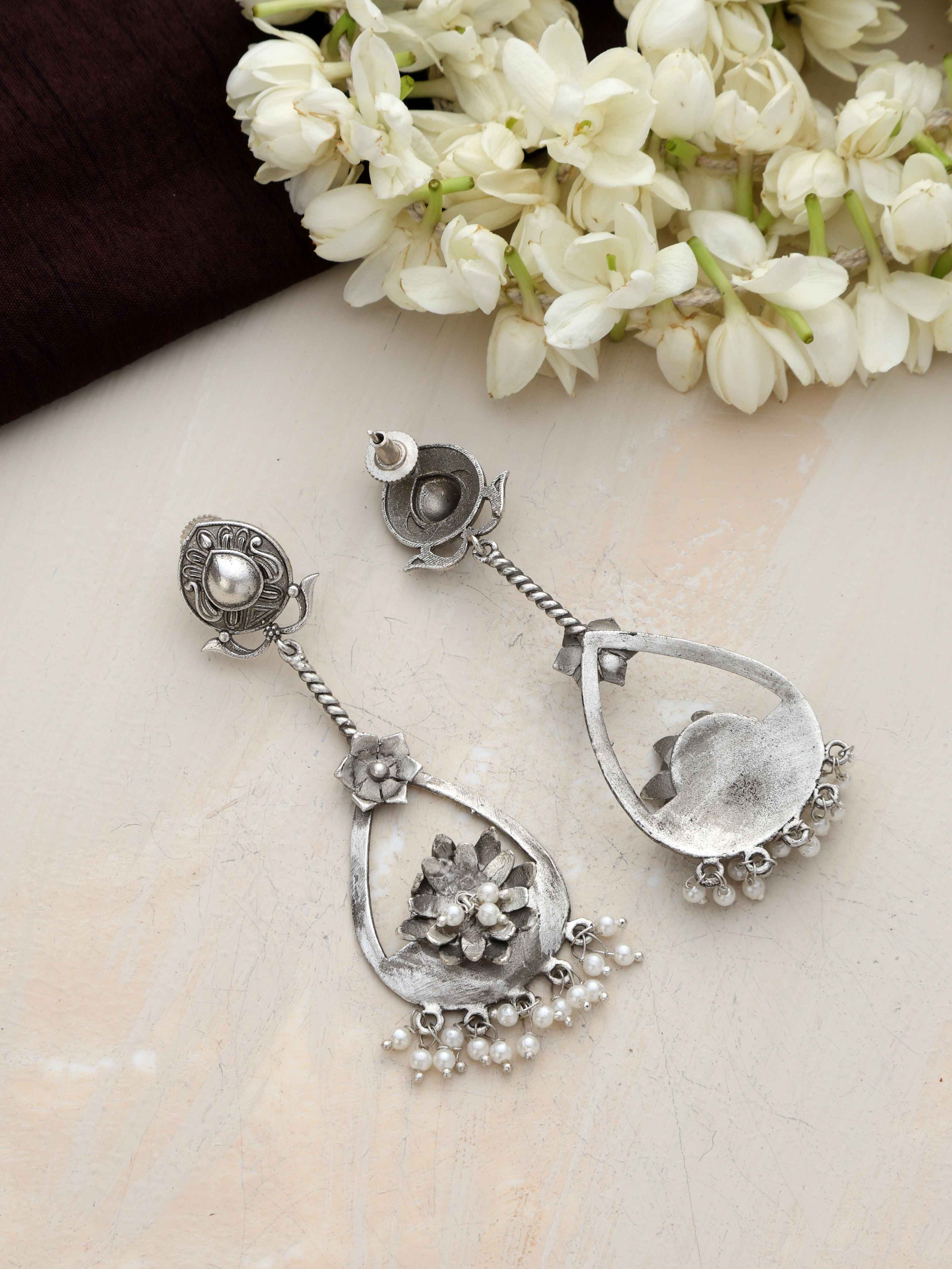 trueBrowns Silver Tone Floral Chandbaali Earrings | Grab2Buy