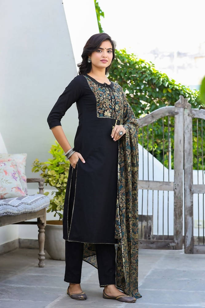 Yufta Women Black Patch Work Kurta with Palazzo & Dupatta | Grab2Buy