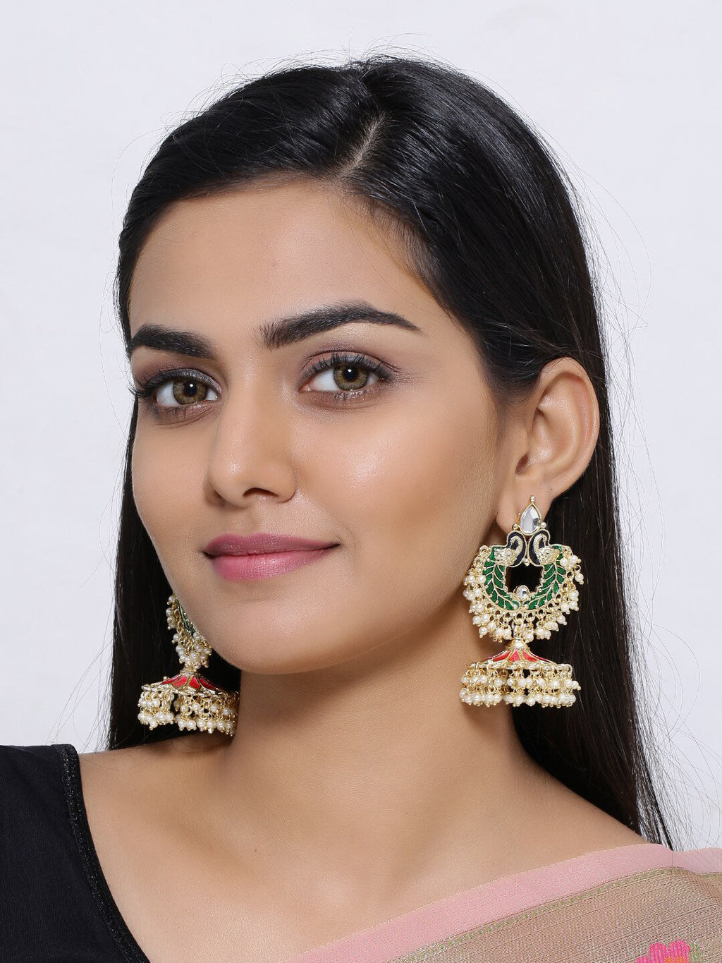 Shoshaa Gold-Polished Green Enamelled Peacock Shaped Jhumkas | Grab2Buy