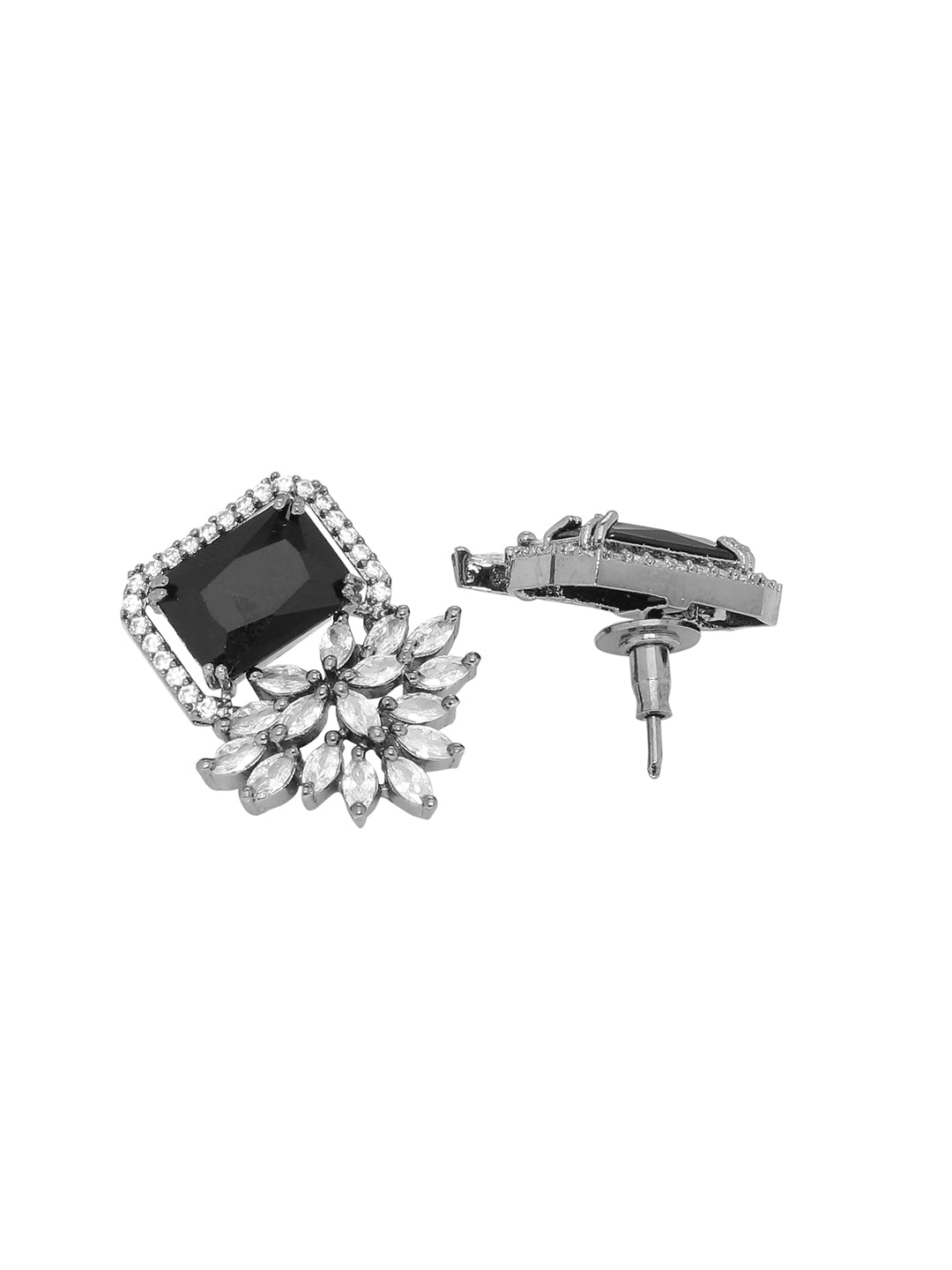 Shoshaa Silver-Plated & Black CZ Studded Contemporary Drop Earrings | Grab2Buy