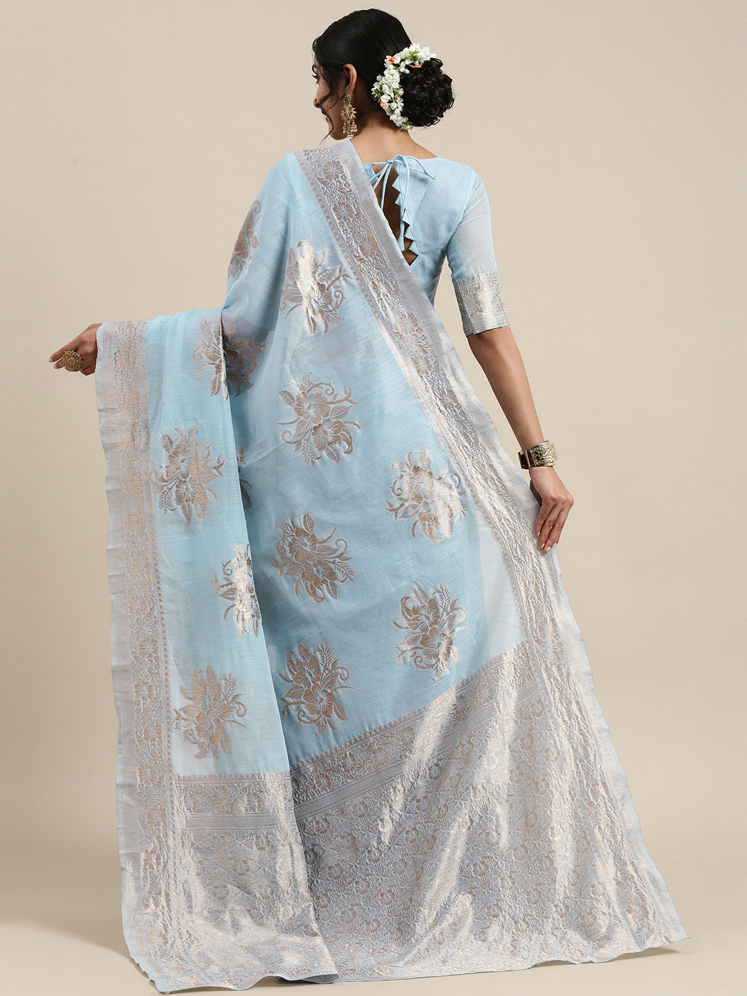 Saree Mall Turquoise Blue Floral Linen Blend Banarasi Saree | Grab2Buy